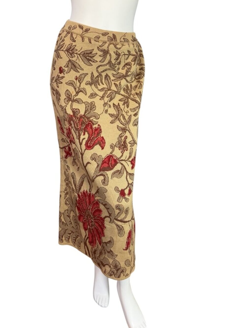 Peruvian Connection Midi Skirt 100% Pima Cotton Baroque Floral Tan & Red Size XS
